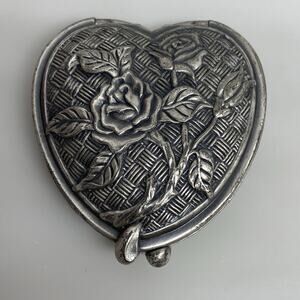 Vintage Pewter Double Compact Mirror & Picture Three Roses w/Basket Weave Clasp
